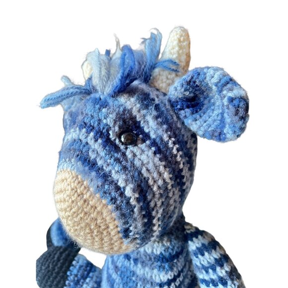 Hand Knitted Blue Striped Cow Toy Stuffed Animal Child’s Snuggle Gift - Picture 3 of 12